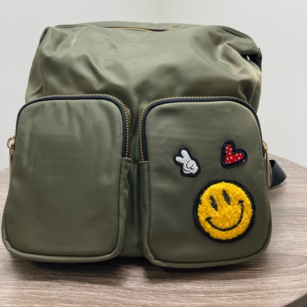 LIKE DREAMS Olive Smiley Patch Nylon Backpack